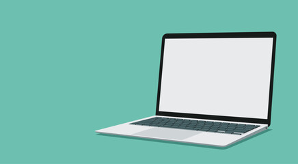 perspective angle laptop computer with white blank empty display screen for copy space in the workplace, vector flat illustration	 - obrazy, fototapety, plakaty