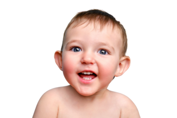 Happy toddler baby boy, studio white background. Portrait of a cute smiling child, close-up. Kid aged one year and two months