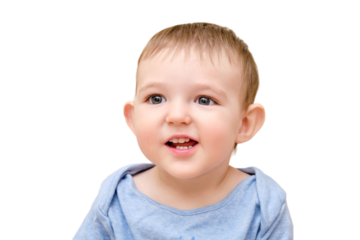 Happy toddler baby boy, isolated on a white background. Portrait of a cute smiling child, close-up. Kid aged one year and two months