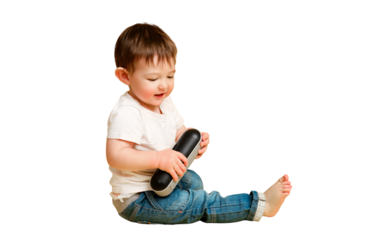 Toddler baby plays with a wireless music speaker on a studio isolated on a white background. Happy child in a white t-shirt listens to music in an audio speaker. Kid aged one year four months