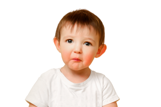 Portrait of an upset toddler baby with a surprised sad face on a studio isolated on a white background. Offended child with disheveled hair in a white t-shirt. Kid aged one year and four months