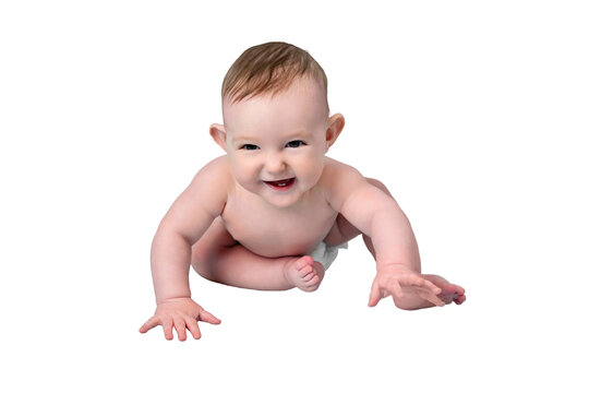 Happy toddler baby plays laughing, isolated on a white background. Funny child boy at the age of six months sits and smiling, copy space