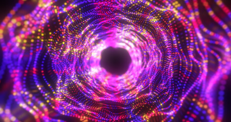 Abstract purple energy tunnel made of particles and a grid of high-tech lines with a glowing background effect