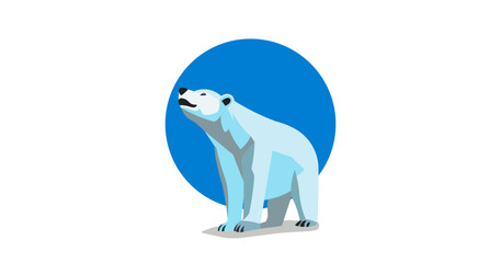 Vector simple cartoon polar bear on a blue circle background. Emblem, sticker or icon.