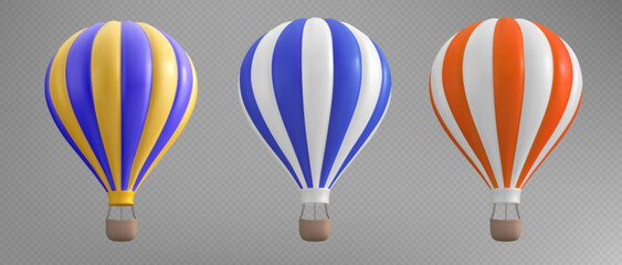3d isolated hoy air balloon basket travel illustration on transparent background. Realistic aerostat set in red, blue and yellow stripe for adventure and recreation. Summer ballooning leisure journey © klyaksun
