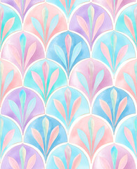 Digital painted allover seamless geometrical floral arch scallop print pattern in repeat © Le Adhiz 