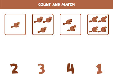 Counting game for kids. Count all beavers and match with numbers. Worksheet for children.