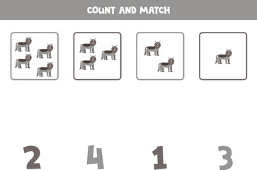 Counting game for kids. Count all wolves and match with numbers. Worksheet for children.