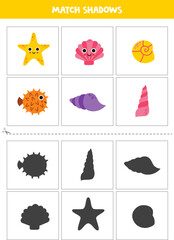 Find shadows of cute sea animals. Cards for kids.