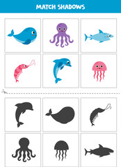 Find shadows of cute sea animals. Cards for kids.