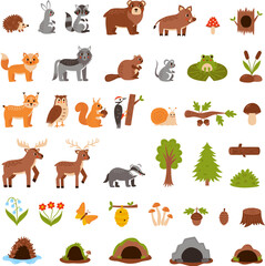 Obraz premium Set of cute woodland animals in cartoon style.