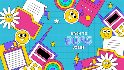 Obraz premium vector hand drawn flat nostalgic 90's horizontal banners set