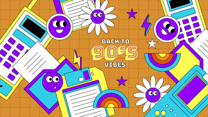 Vector 90s retro party cartoon background illustration in trendy flat style design