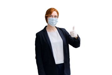 Concept for quarantine removal in school after the coronavirus epidemic, isolated on a white background. Teacher opens class after pandemic in medical mask and protective gloves, copy space for text