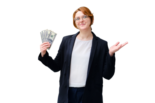 Happy teacher holding money, us dollars at the blackboard, copy space, isolated on a white background