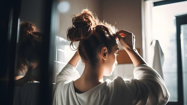 A photograph of a woman tying up her hair into a messy bun in front of a bathroom mirror with a white towel hanging on a rack in the background, during the morning with natural lighting.