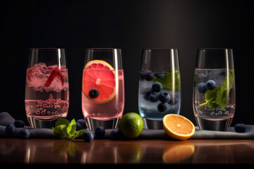 Fruit water in a glass, black background, Generative AI