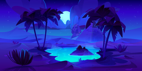 Night egypt desert with oasis vector landscape. Palm tree and water in lake illustrated mirage with stars in sky and moon light. Dark drought Africa nature with ancient landmark game illustration.