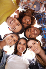 Happy, portrait and low angle of friends in circle