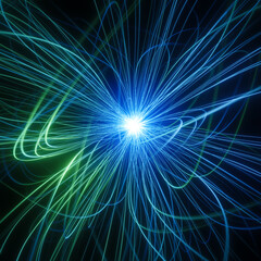 Abstract visualization of blue and green glowing orb with long curly flares, science fiction concept, neuron cell or synapse, atomic or particles research background
