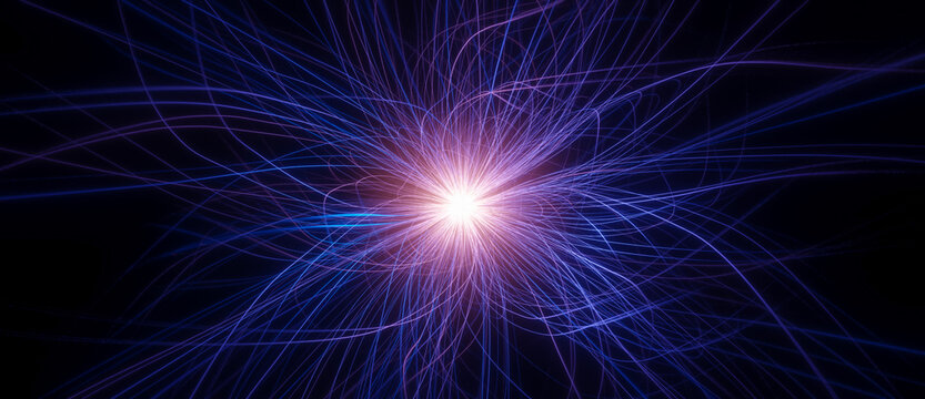 Abstract visualization of purple glowing orb with long curly waving tendrils, science fiction concept, neuron cell or synapse, atomic or particles research background