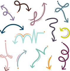 Hand drawn squiggly doodle lined arrows and accent set transparent background graphics
