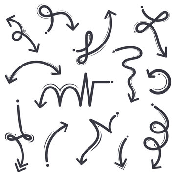 Hand Drawn Squiggly Doodle Lined Arrows And Accent Set Vector Graphics