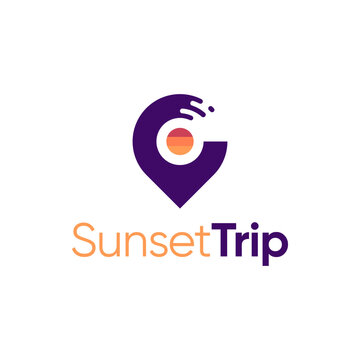 Simple logo combination of location pin and sunset. It is suitable for travel companies.