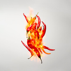 Burning red hot chilli peppers. Hot spicy capsicum paprika entangled in flames. Creative spicy food concept. Generative AI.