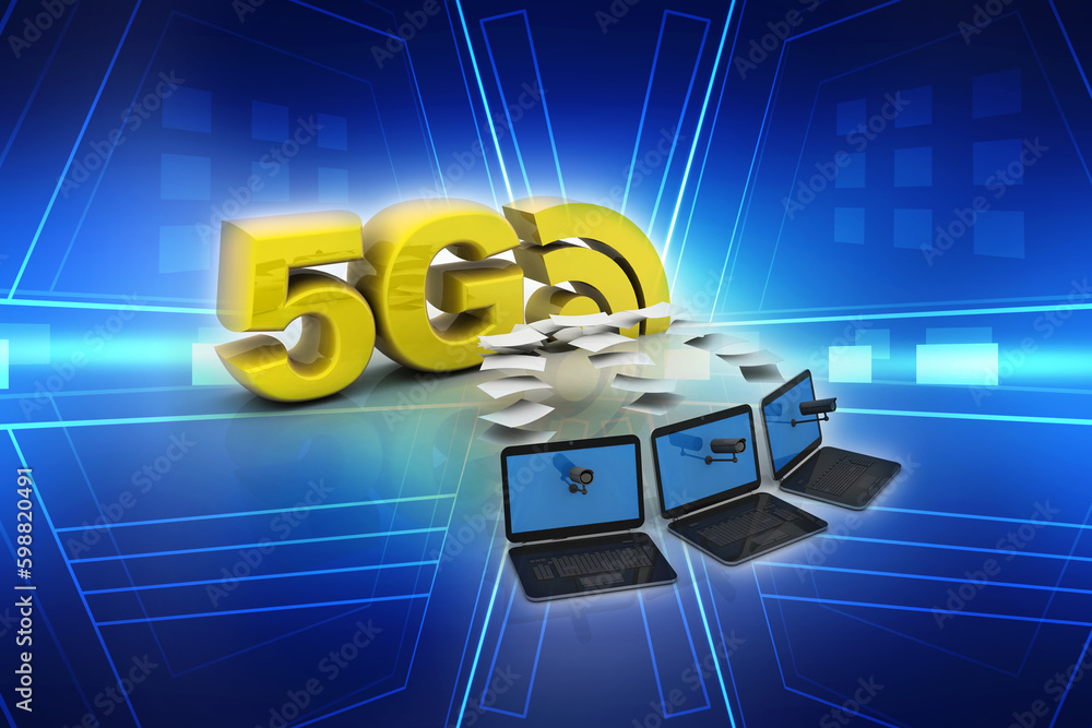 Poster 3d rendering 5g network 5g connection with laptop