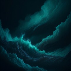 Fog texture. Colored haze. A mixture of colors and water. Mysterious stormy sky. emerald and black glowing fog cloud wave abstract art background with free space.