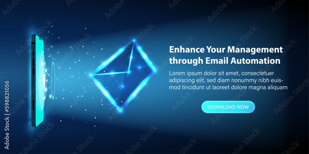 Poster a flying letter alongside an abstract blue mobile phone. email automation with a neon flair. futuris