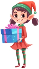 Abwaschbare Fototapete Kinder Christmas cartoon character holding gift box