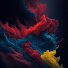 Obraz premium Fog texture. Colored haze. A mixture of colors and water. Mysterious stormy sky. Red and black and yellow and blue and green neon fog cloud wave abstract art background with free space.