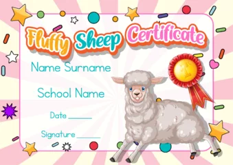 Abwaschbare Fototapete Kinder Fluffy sheep certificate template