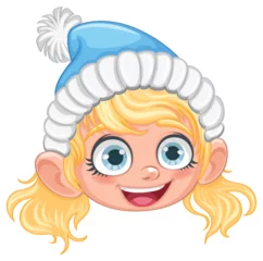 Foto op Plexiglas Kinderen Cute Girl in Winter Hat with Pom Pom Cartoon Character