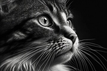 Black and White Close-up of a Cat's Face. AI
