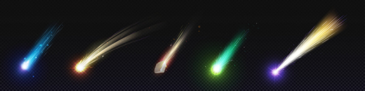 Comet and meteoroid fall speed trail galaxy vector set. 3d meteor shower with flame in sky effect with star. Isolated flying astronomy object tail at night illustration. Fast shooting cosmic dust