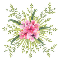 Bouquet of tropical flowers and leaves in watercolor. Vector illustration