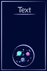 Obraz premium Dark blue background with thin frame, copy space and universe in small circle. Vector illustration for book cover, invitations, card.