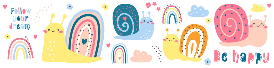 Set of children's vector illustrations. Cute smiling snails in Scandinavian style. Rainbows, flowers and clouds.  Generative AI