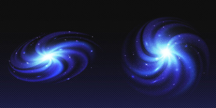 Blue nebula, spiral galaxy with glowing planets and stars. Space twisted andromeda system with white hole and milky way, deep cosmos with interstellar dust, abstract realistic vector on transparent