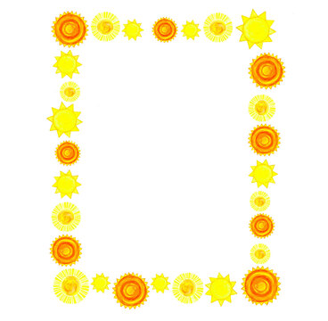 A frame of different drawings of suns on a white background.
