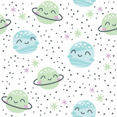 Children's vector space pattern. Smiling planets Saturn and Venus, stars. Pattern on white background for children's products  Generative AI