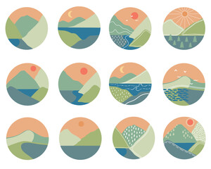Big set of abstract mountain landscape banner collection. Mountains, river, sea view. Hills, sun, Moon.