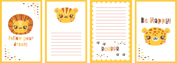 Baby vector template for a baby shower invitation or birthday party. Wildcats, a lion cub, a tiger cub and a leopard. Roar inscription. Generative AI