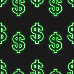 Dollar vector seamless pattern. Green USD neon signs on black background. Best for polygraphy, mobile apps and web design.