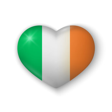 3d heart with flag of Ireland. Glossy realistic vector element on white background with shadow underneath. Best for mobile apps, UI and web design.