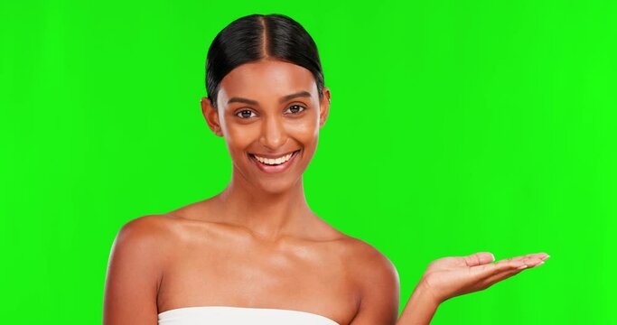 Beauty, product and a woman holding space on a green screen background in studio for natural skincare. Portrait, hand or treatment with a happy young female model advertising on Generative AI