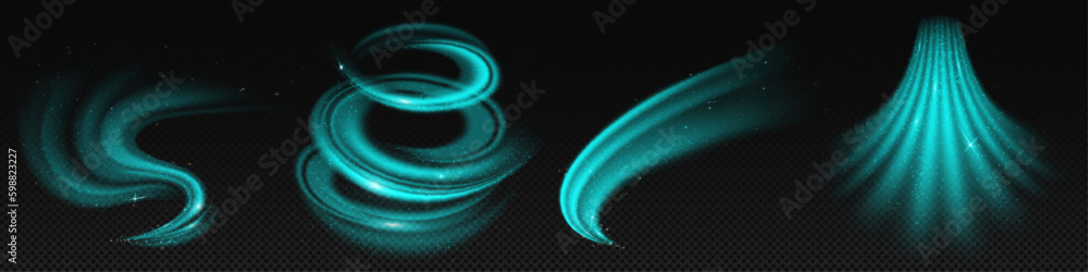 Poster turquoise air wind flow vector effect set. magic 3d fresh swirl with cold and frosty breath stream. 